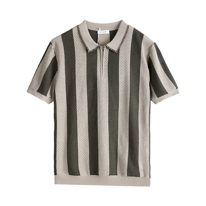 Man wearing a striped short sleeve ice silk sweater with decorative zipper details in a blue colour.