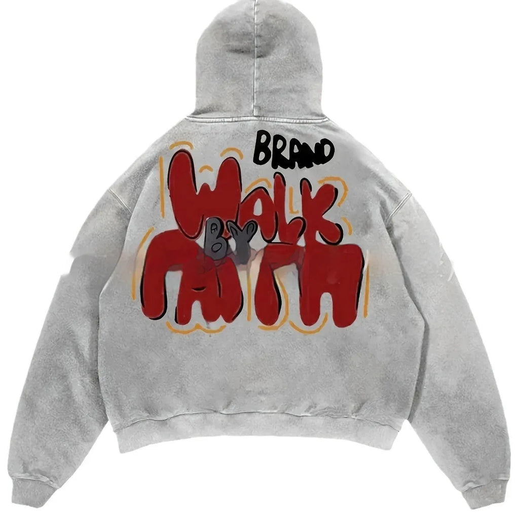 Women's granny grey hoodie with character print, front pocket, and Harajuku vintage streetwear style