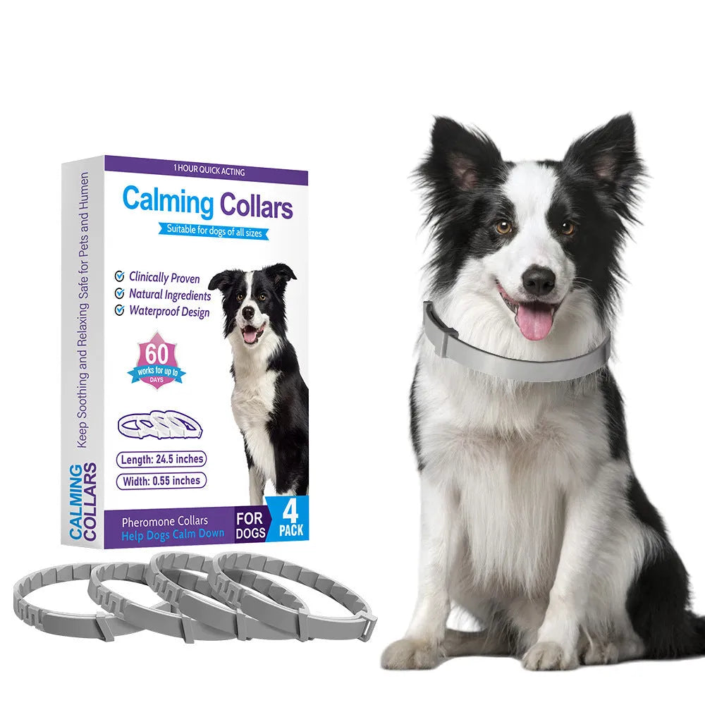 Set of four monochrome TPR dog anxiety soothing collars in Chinese style, 62cm length, available in black, blue, gray, orange, pink, and purple.