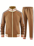 Polyester street style two-piece suit with turtleneck zipper cardigan and matching trousers in khaki colour