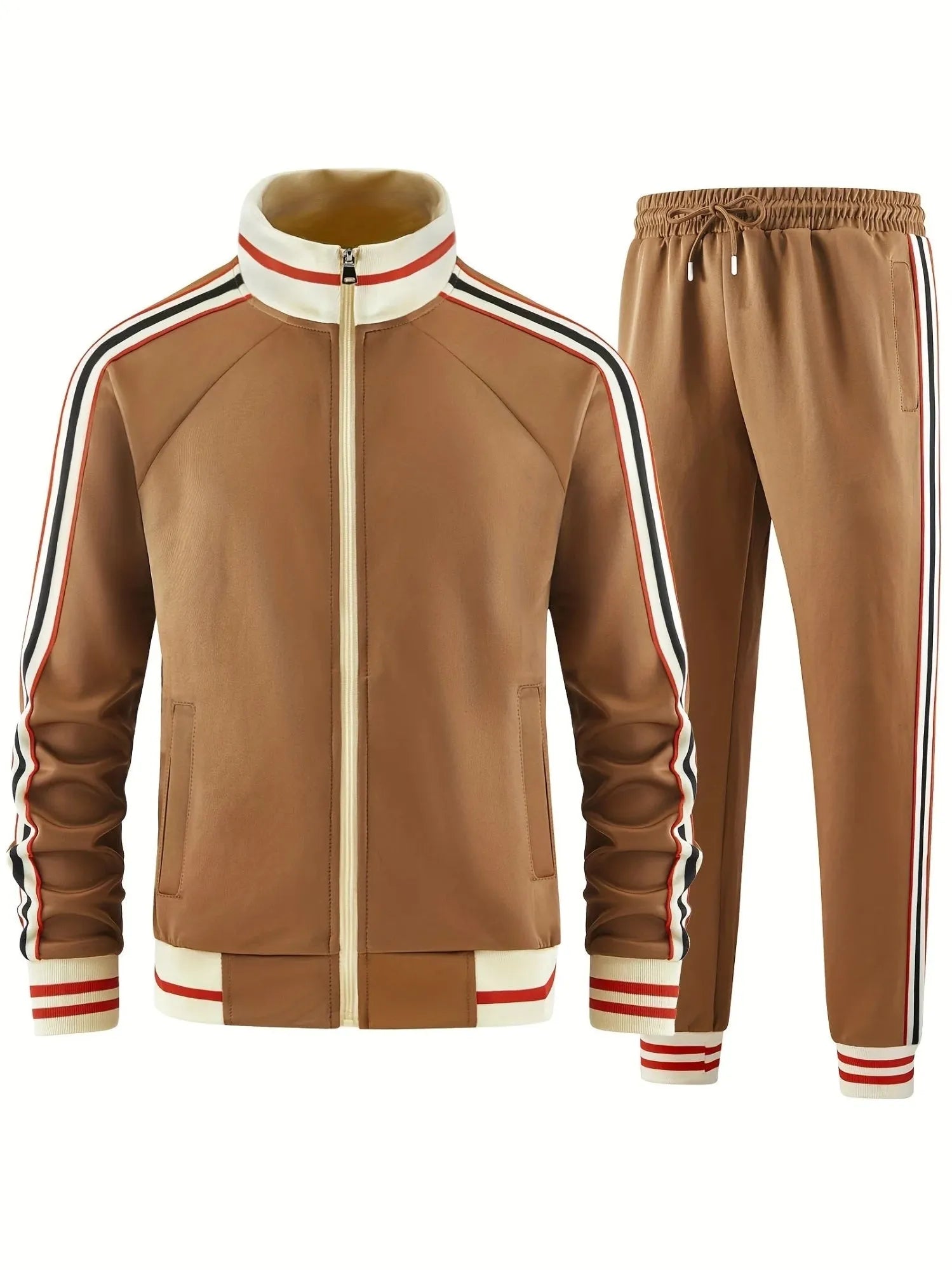 Polyester street style two-piece suit with turtleneck zipper cardigan and matching trousers in khaki colour