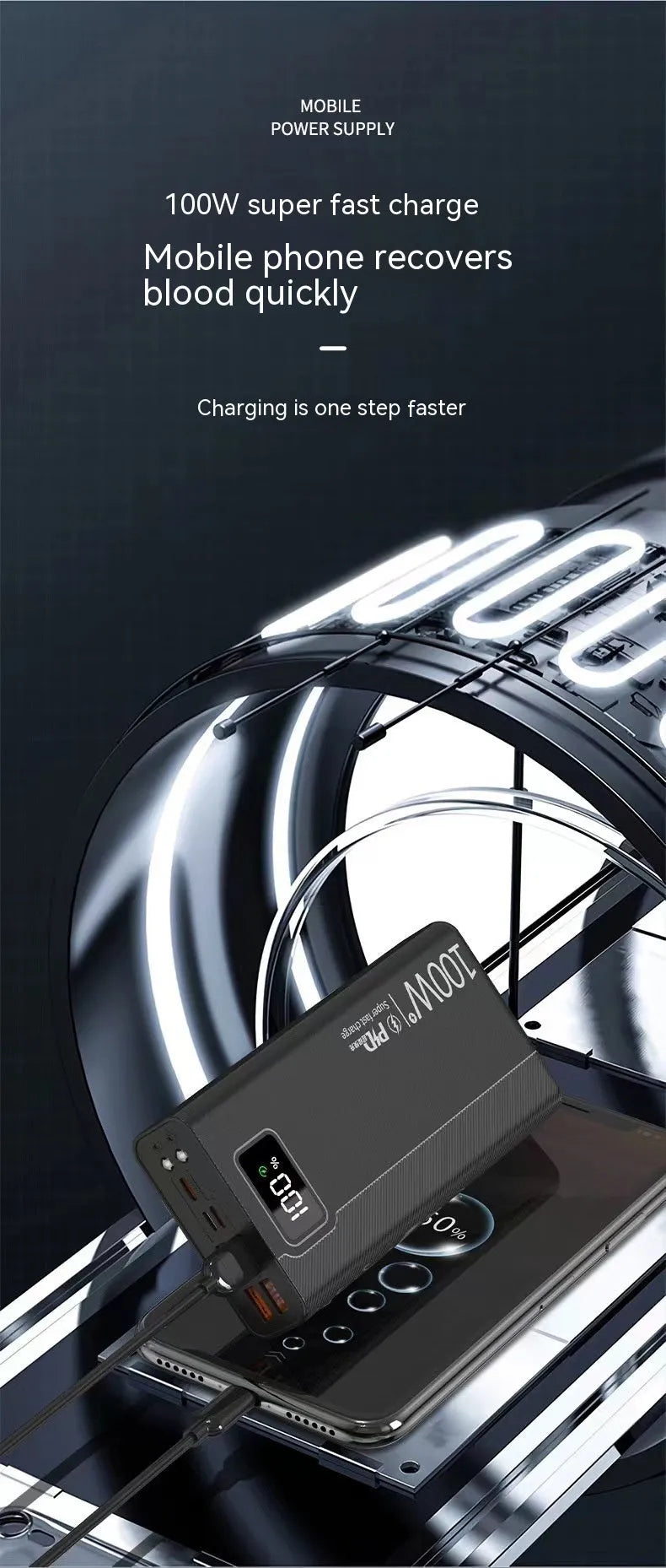 Large capacity power bank in black or white plastic casing with compact dimensions
