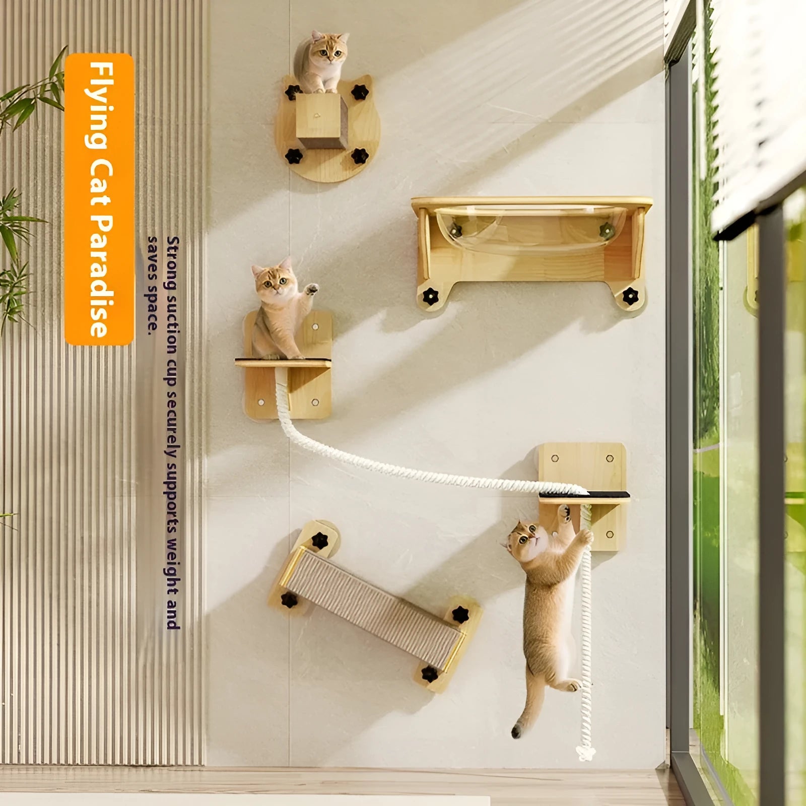 Sisal cat climbing frame with cat head scratching post mounted on wall with sucker lanyards