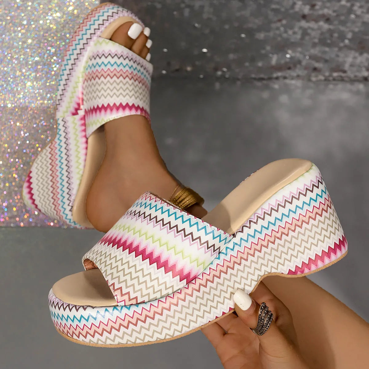 Women's colourful wave print wedge sandals with fish mouth toe and thick rubber sole
