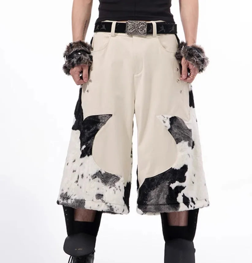 Women's milk fibre cropped trousers with fur detailing in checkered, striped or printed patterns