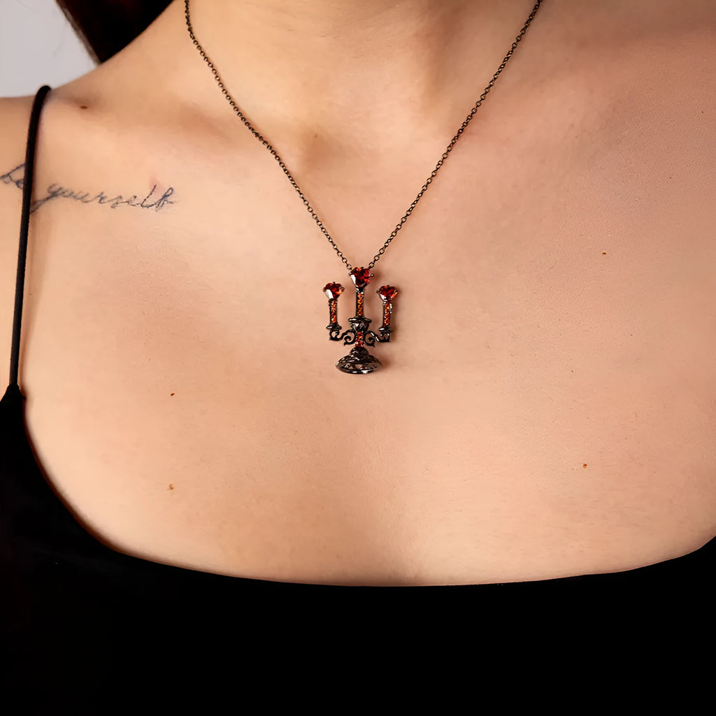 Gothic style zinc alloy clavicle chain necklace with a hollow candlestick pendant in a retro colour finish.