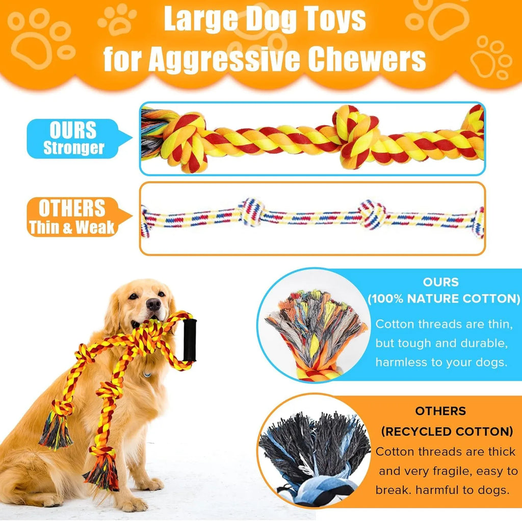Blue and yellow cotton rope dog toy with a handle for tug-of-war