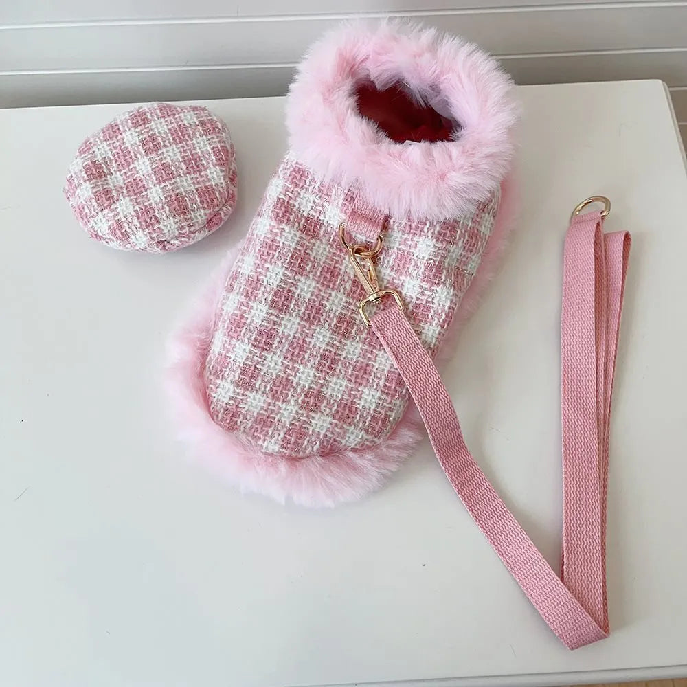 Pink cat costume set with beret and cloak for female cats