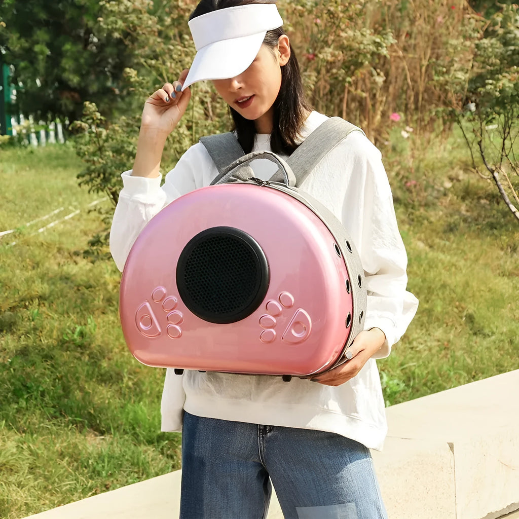 Transparent space capsule-style cat carrier bag with metallic-coloured front shell, on a white background.
