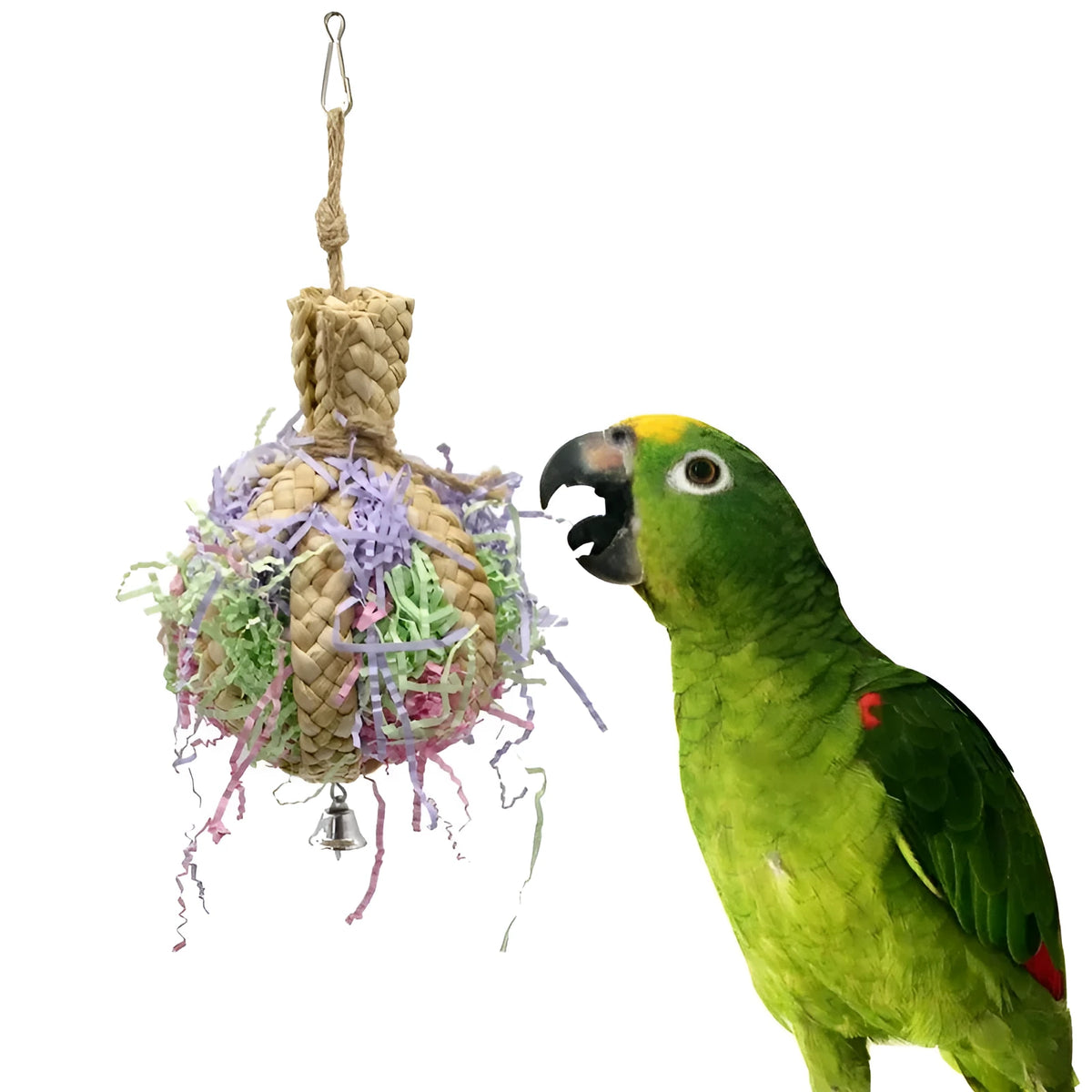 Straw paper parrot chew toy with rope, approximately 15cm diameter and 23cm length, bite resistant