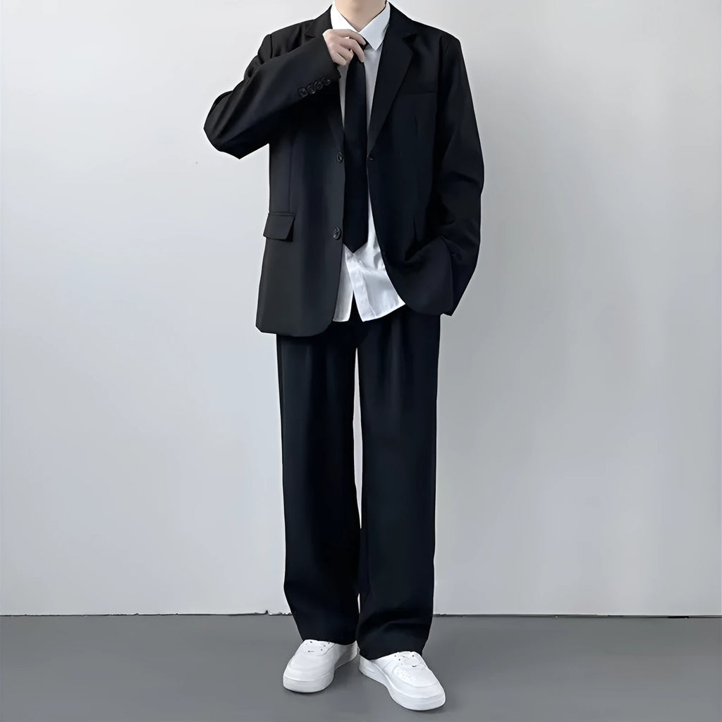 Plus size men's loose fit suit jacket and trousers with white shirt and tie in college style