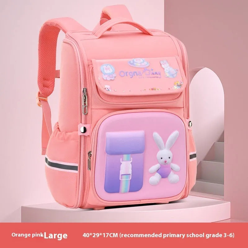 Children's cartoon backpack in Rabbit or Spaceman print with airpillow straps, shown in pink, purple, blue green, or blue red.