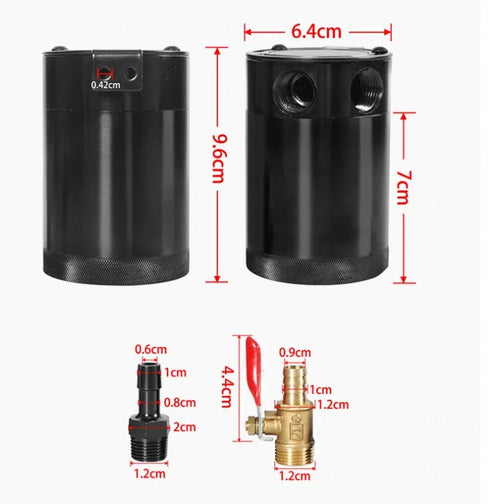 Aluminium automotive oil drain can with ventilation holes and optional drain valve in black or silver finish