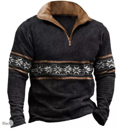 Men's retro printed long sleeve golf top with striped pattern and zipper decoration in loose fit