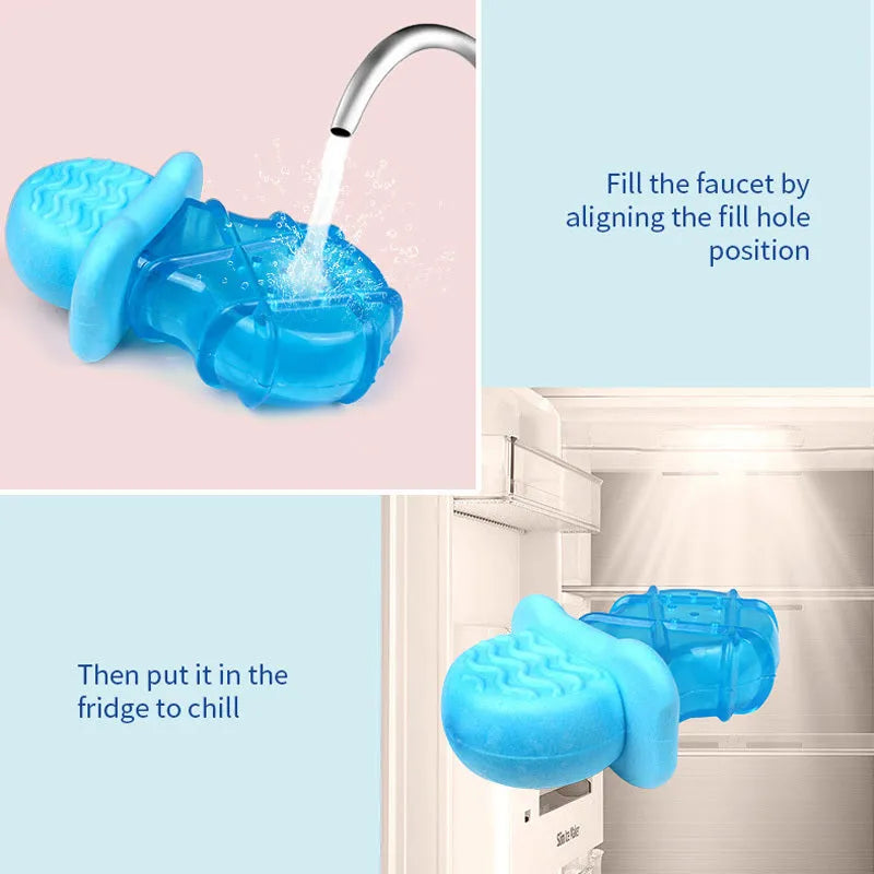 Three water filled dog toys: pacifier, popsicle, and ring shapes for cooling and teething