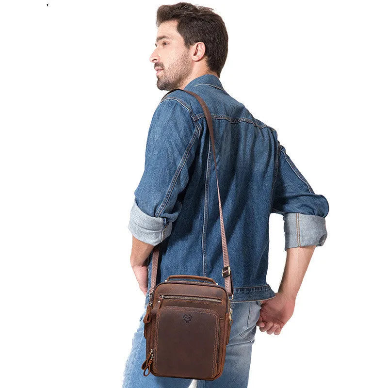 Men's brown Crazy Horse leather crossbody bag with single shoulder strap and decorative sewing lines
