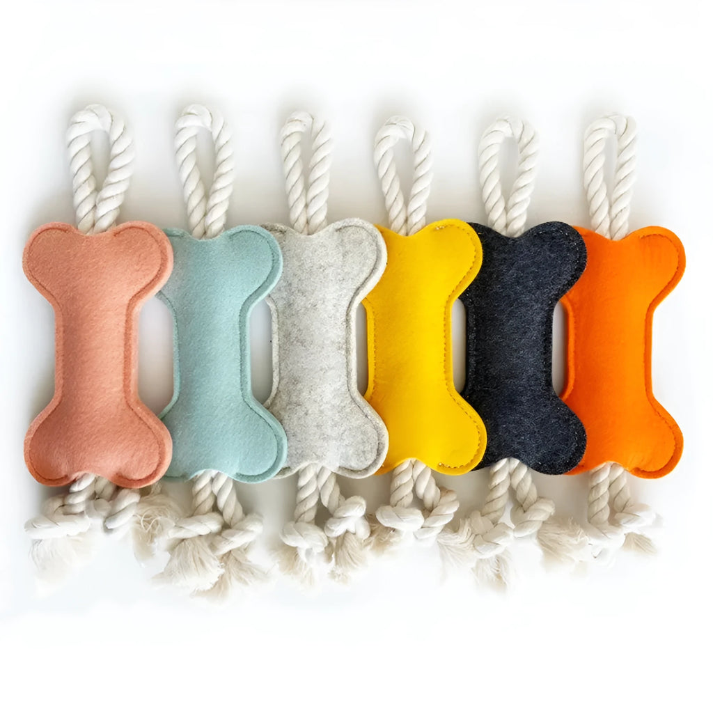 Bone shaped dog chew toy with rope knot construction in blue colour on white background