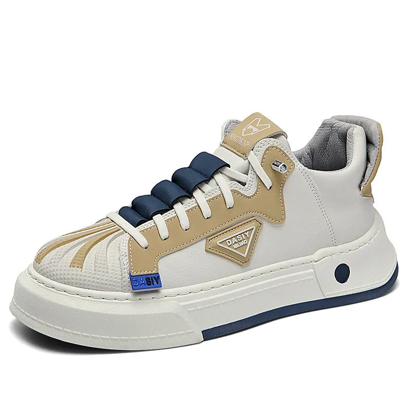 Men's beige low-top sneakers with elastic band and round toe.