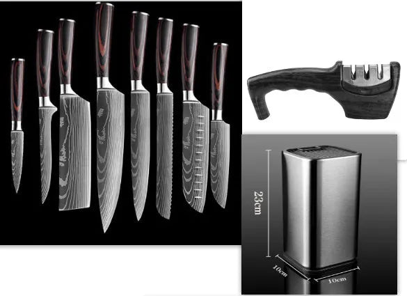 Chef knife with laser Damascus pattern on 7CR17 steel blade and colour steel handle.
