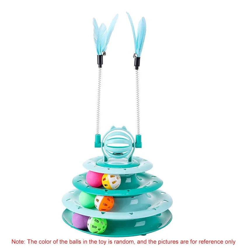 Blue four-tier interactive cat puzzle toy with rolling balls and teaser rods on a table.