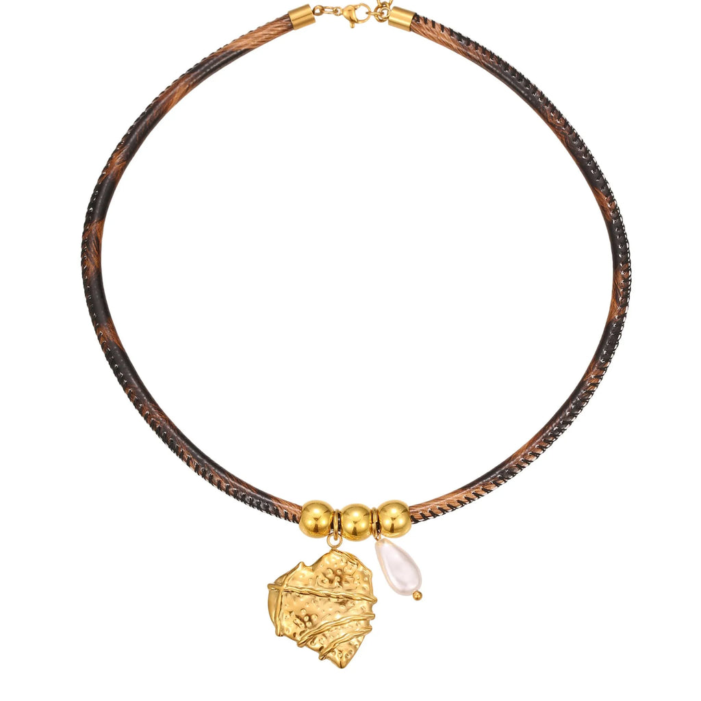 Leopard print geometric pendant necklace on stainless steel chain with adjustable length