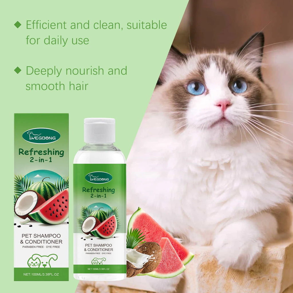 100ml bottle of pet 2-in-1 shampoo and shower gel with watermelon and coconut extracts.