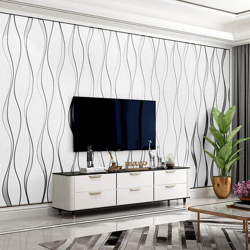 Curve stripe pattern 3D wallpaper roll in light grey and dark brown deerskin velvet colours