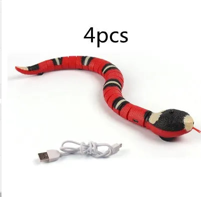 Smart sensing interactive snake cat toy with segmented plastic body and USB charging port