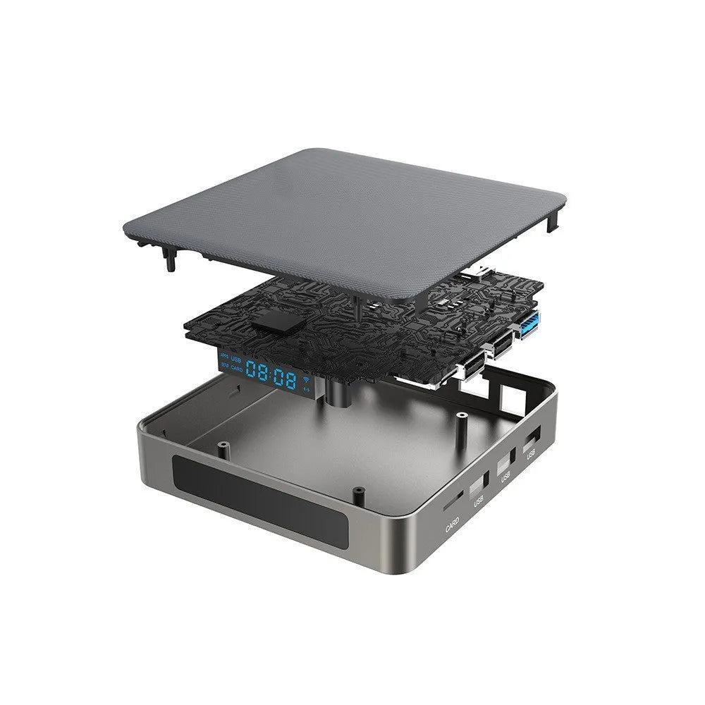 Black Android set-top box with HDMI port, measuring 105x105x20mm, beside its remote control and power adapter.