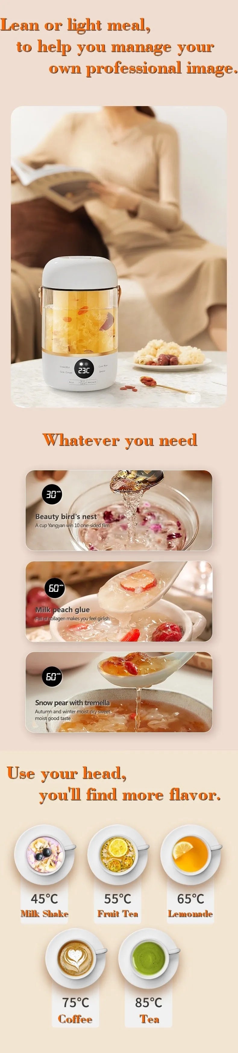 Compact white electric stew cooker with glass pot and digital display, shown with spoon.