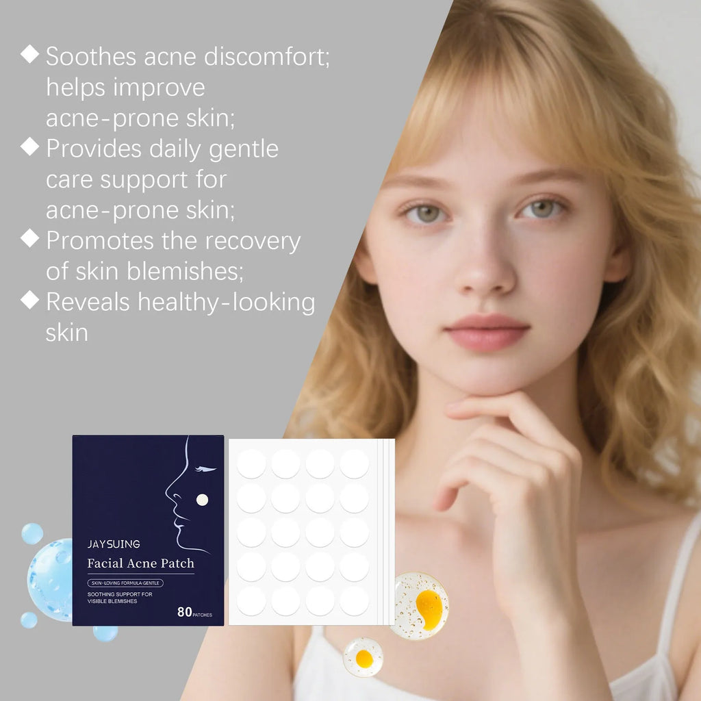 Sheet of 80 round, translucent hydrocolloid acne patches on a clear backing.