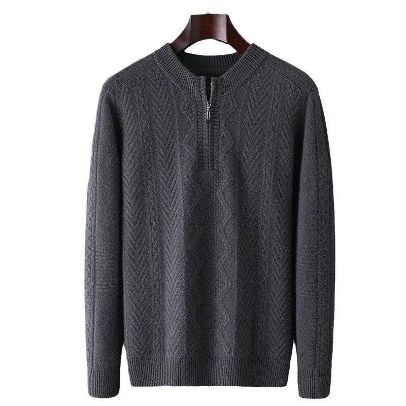 Men's loose grey wool sweater with diamond lattice pattern and half-zip front.