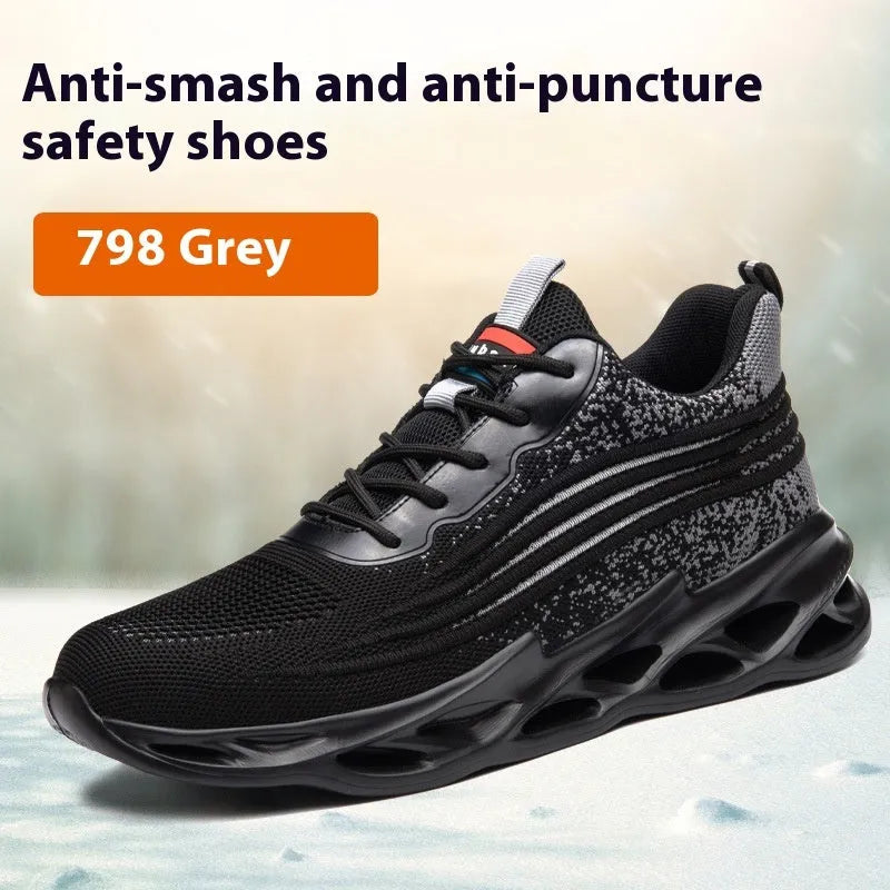 Men's brown lightweight labour protection shoes with steel toe cap on a workbench