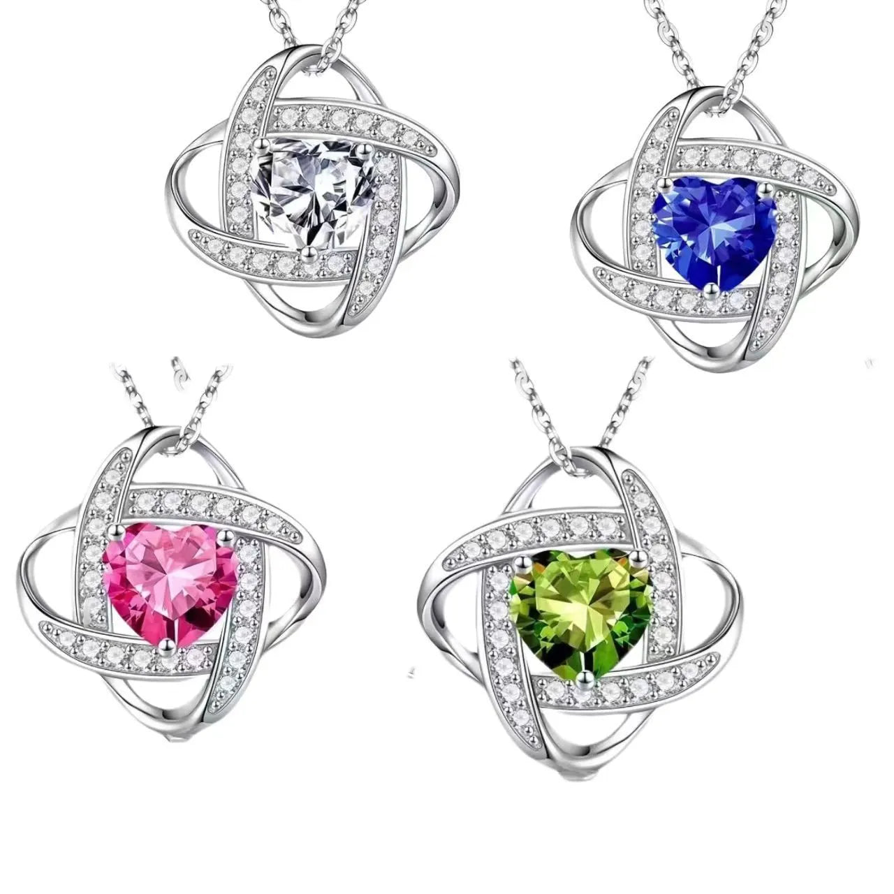 Copper heart necklace with electroplated platinum finish in five colour variations on model
