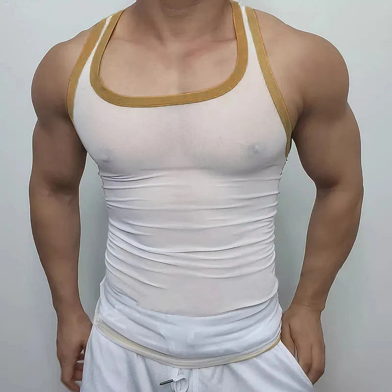 Men's solid colour polyester mesh fitness vest shown in white and black, laid flat.
