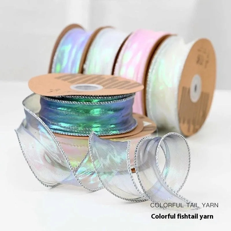 Fishtail yarn mesh decorative ribbon with colourful wave pattern in 4cm width