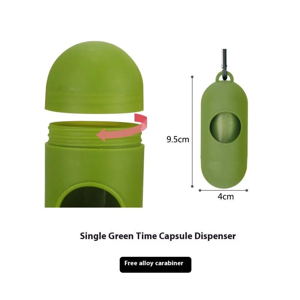 EPI degradable pet waste bag rolls in green, black, blue, and orange colours with a capsule dispenser.