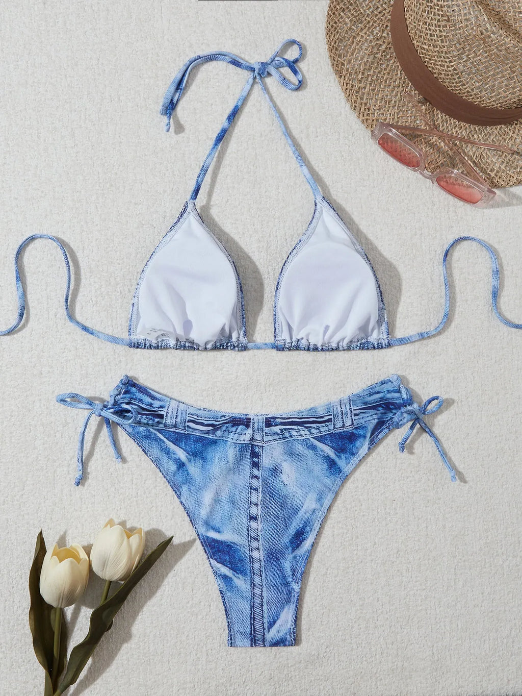 Women's denim blue printed bikini set with strap styling and spandex lining