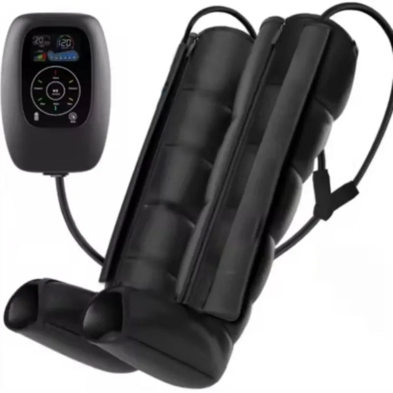 Air compression leg arm waist massager unit with handheld remote control, showing L XL XXL size options