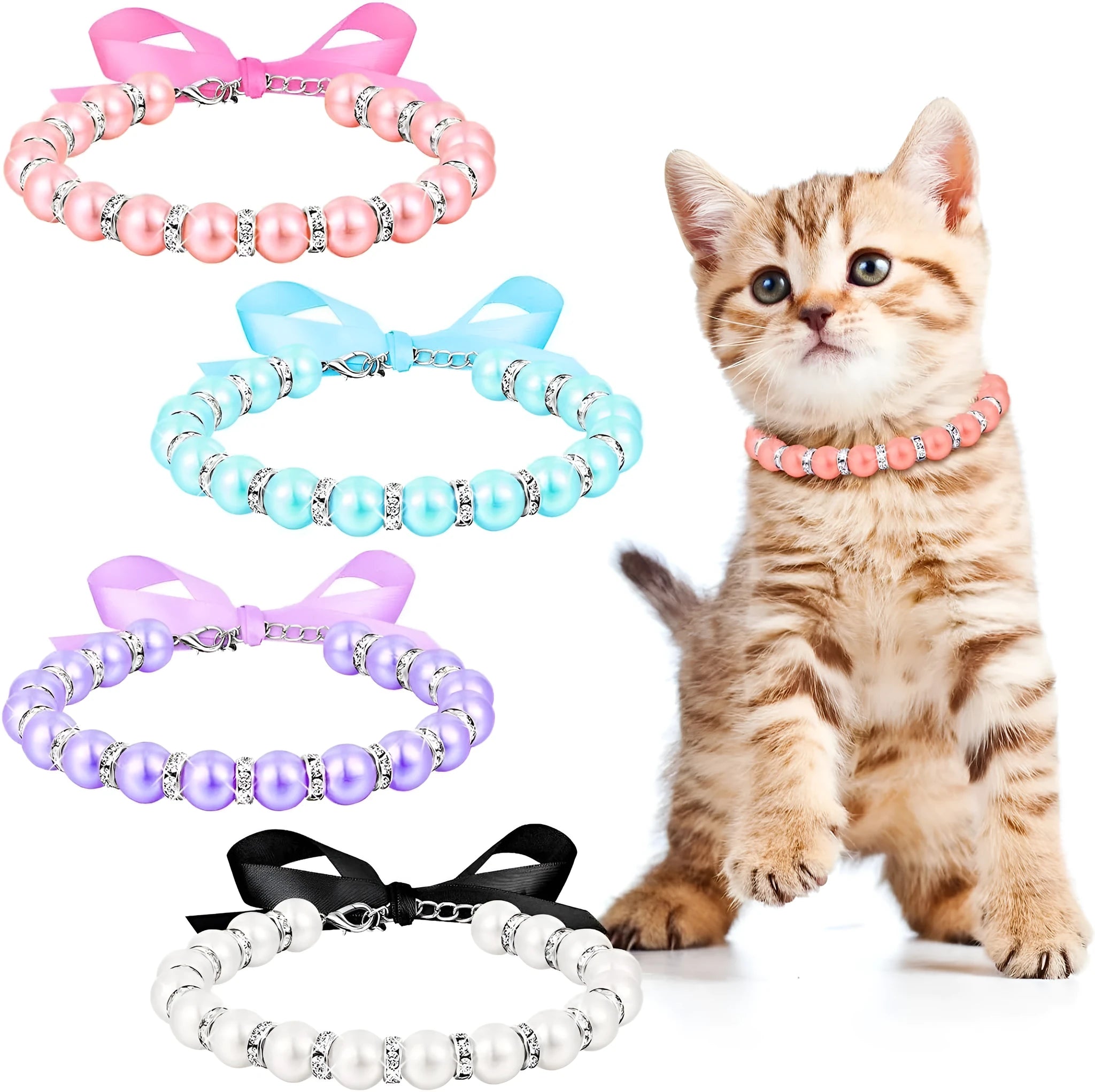 Handmade imitation pearl and rhinestone dog necklace with ribbon bow and adjustable clasp in blue pink purple or white for small pets