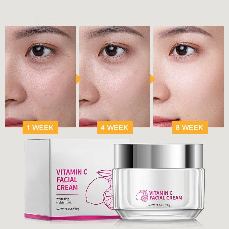 Vitamin C face cream in 30g white jar with product dimensions 6x6x5.2cm