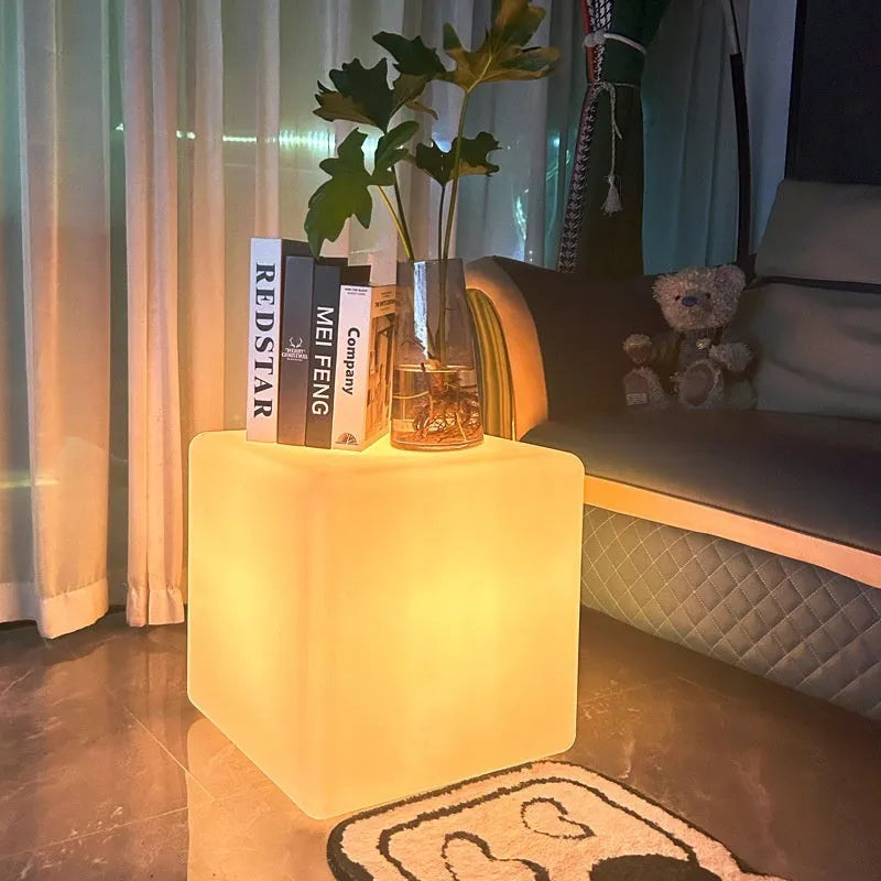 Square LED cube light for outdoor garden or patio use with modern design