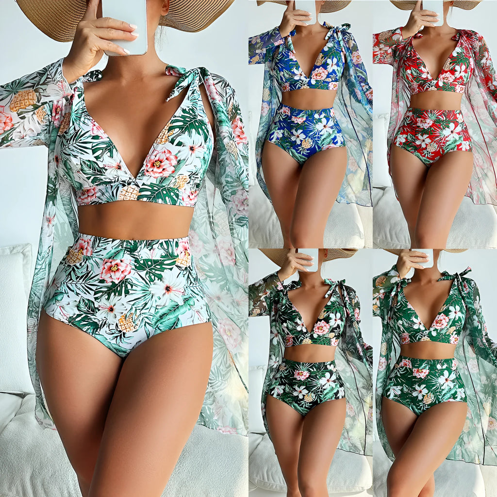 Women's multicolour printed bikini set with sunscreen shirt, bra, and shorts
