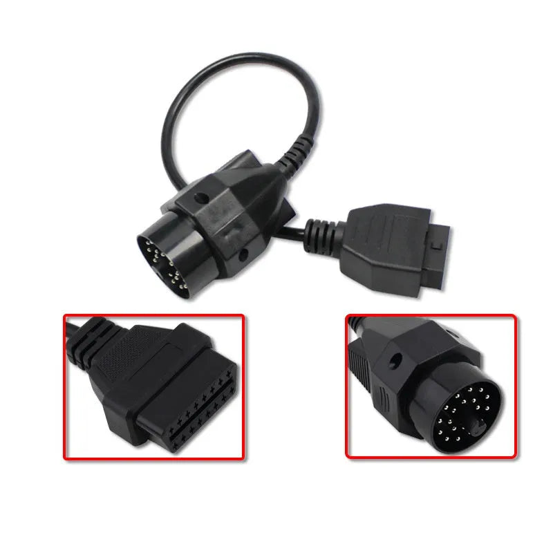 BMW OBD2 diagnostic adapter cable showing 20-pin and 16-pin connectors