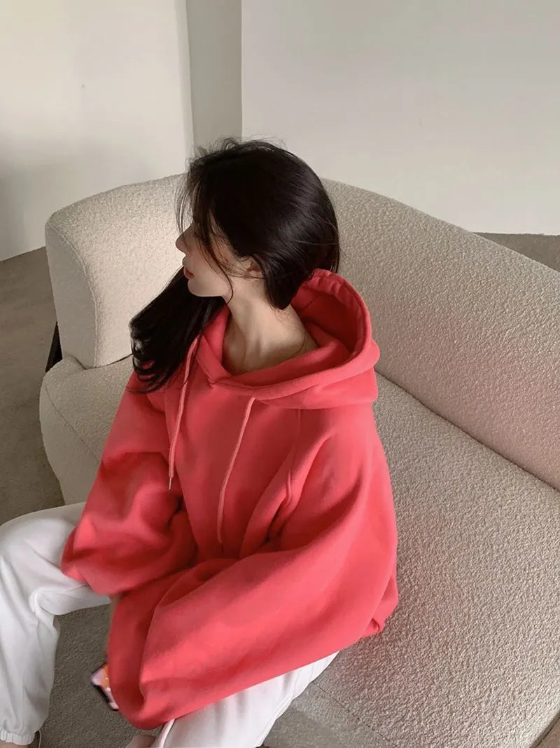 Women's watermelon red mulberry silk hooded sweater with sleeveless loose pullover design