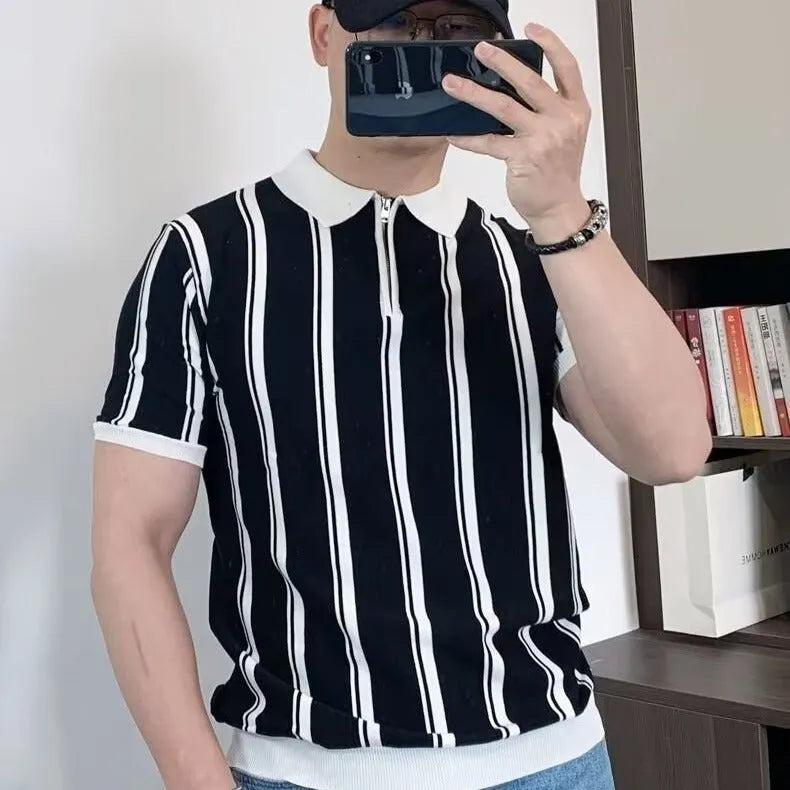 Korean style vintage stripe personality zipper half-sleeved T-shirt for men in black and white loose fit