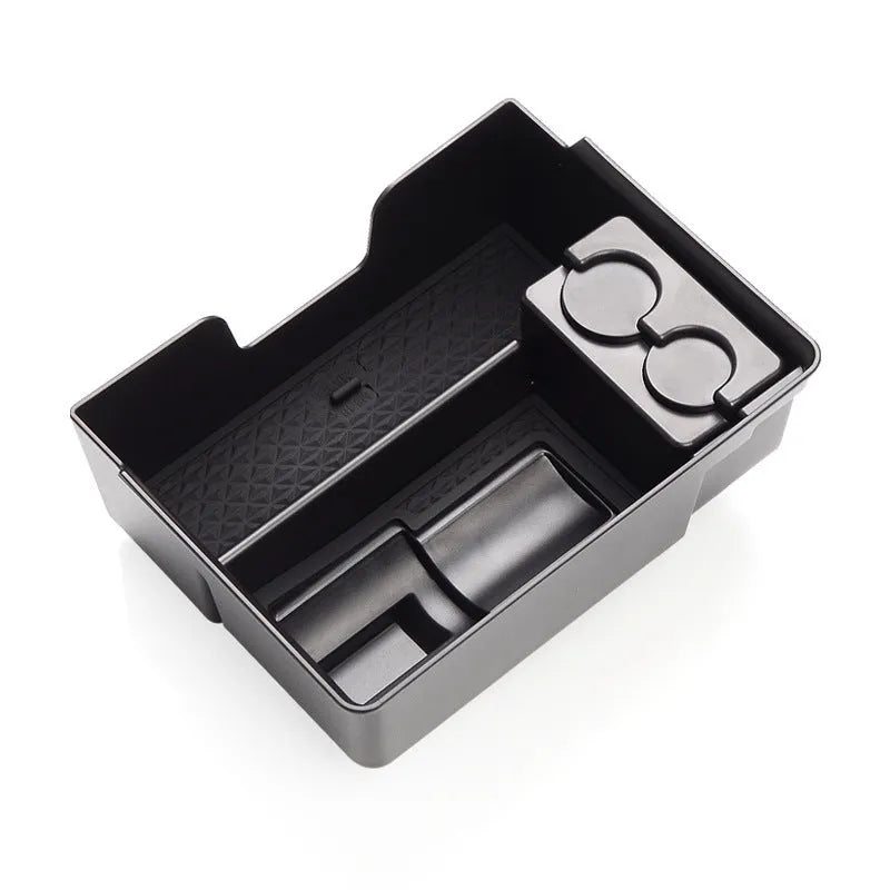 Tesla central armrest storage box retrofit accessory in plastic for Model 3, Model S, and Model X