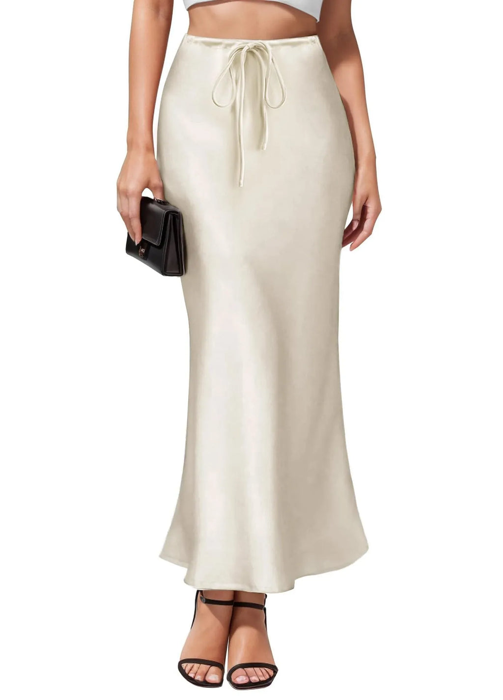 Asymmetric acetate satin skirt with irregular stitching in high waist design