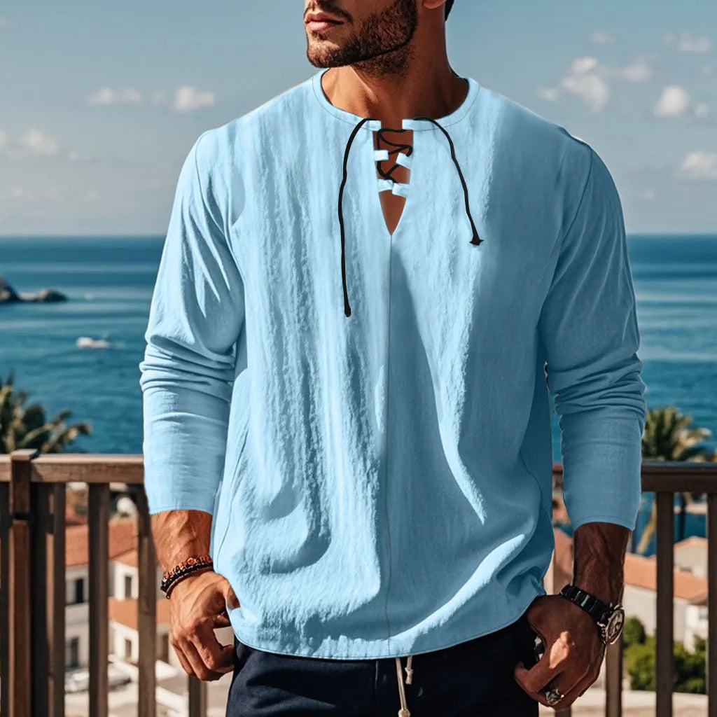 Cotton linen blend beach ruff shirt in loose pullover style available in multiple solid colours