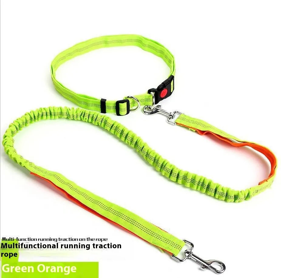 Grey and green two-tone nylon dog leash with reflective threads and an elastic section for outdoor running.